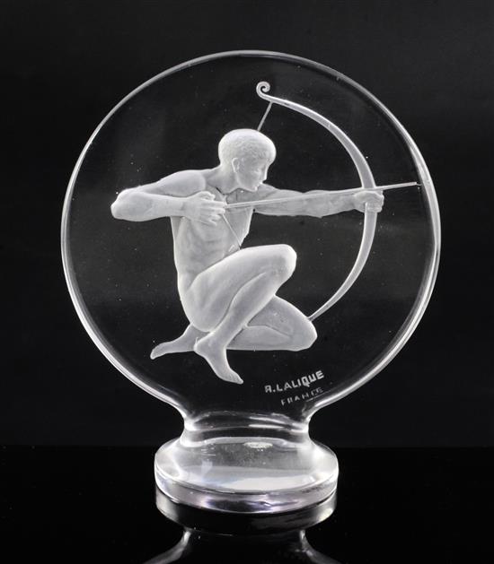 Tireur dArc/Archer. A glass mascot by René Lalique, introduced on 3/8/1926, No.1126 Height 12cm.